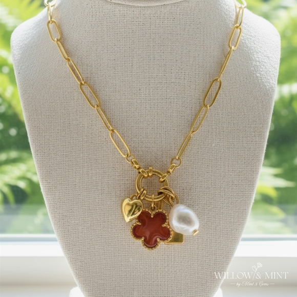 18k Handmade Chunky Clover Necklace 3D Heart And Freshwater Tiny Pearl Necklace - Picture 13 of 16